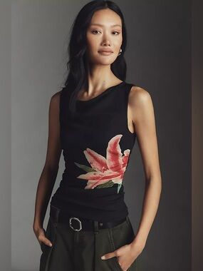 Rails Fete Ruched Knit Tank Black Tank Top with Coral Lily Graphic